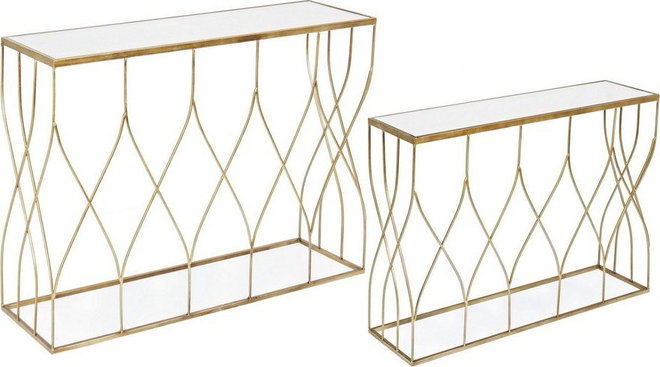 Konzolové stolky v sadě 2 ks se skleněnou deskou ve zlaté barvě 33x104 cm Elenor – Bizzotto