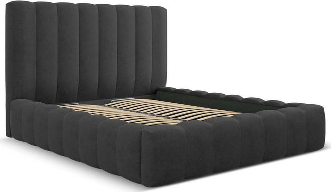 Antracitová čalouněná dvoulůžková postel s úložným prostorem a roštem 200x200 cm Kelp – Micadoni Home