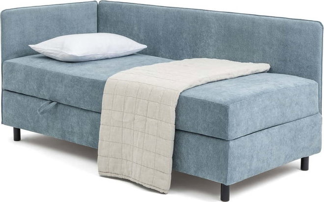 Modrá čalouněná jednolůžková postel s úložným prostorem s matrací 120x200 cm Avela – Bonami Selection