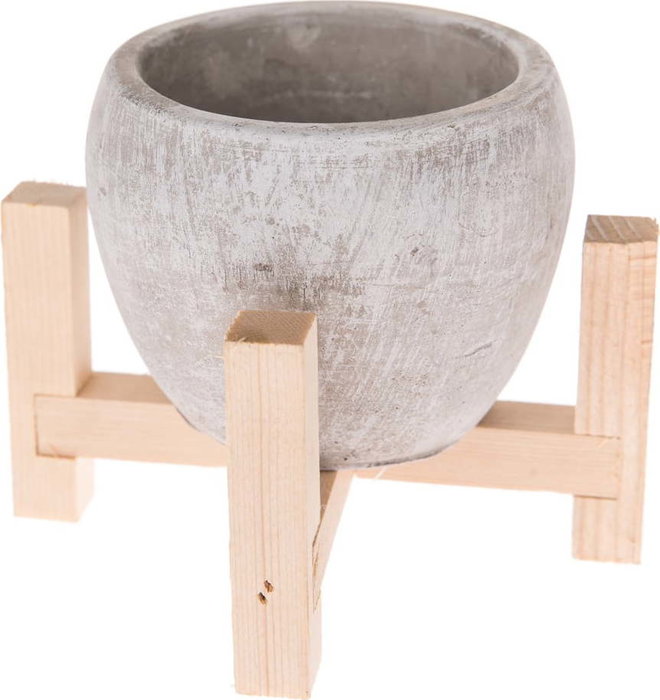 Šedý betonový květináč v dřevěném stojanu Dakls Natural, ø 13 cm