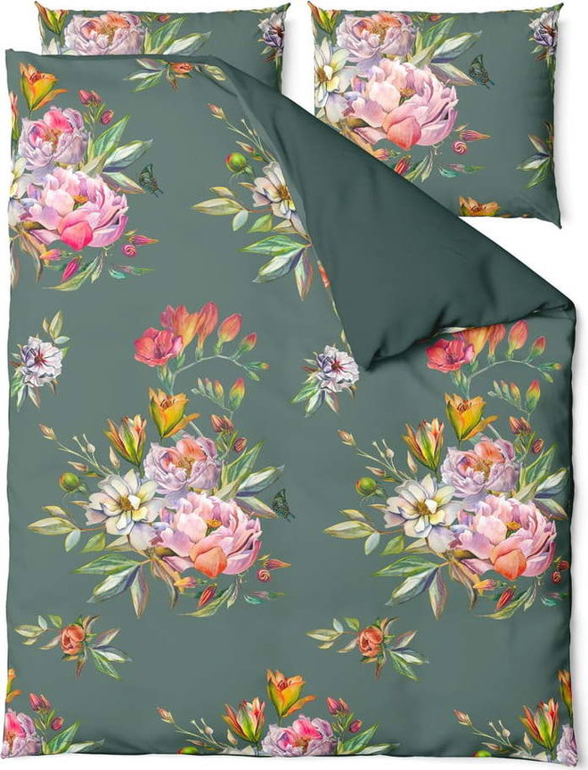 Tmavě zelené povlečení na dvoulůžko z bavlněného saténu Bonami Selection Floret, 200 x 220 cm