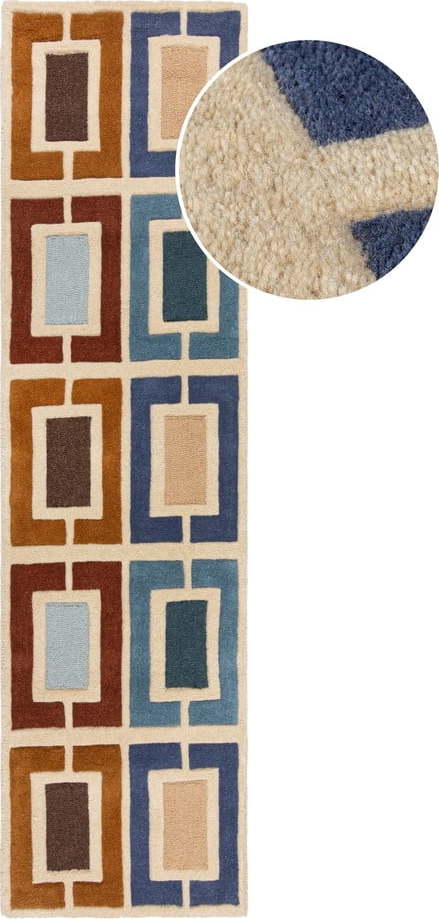 Modro-oranžový ručně tkaný vlněný běhoun 60x230 cm Retro Blocks – Flair Rugs