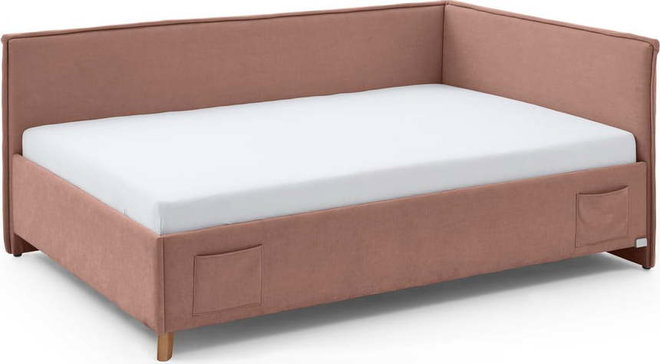 Růžová čalouněná rohová dětská postel s úložným prostorem s roštem 140x200 cm Fun – Meise Möbel