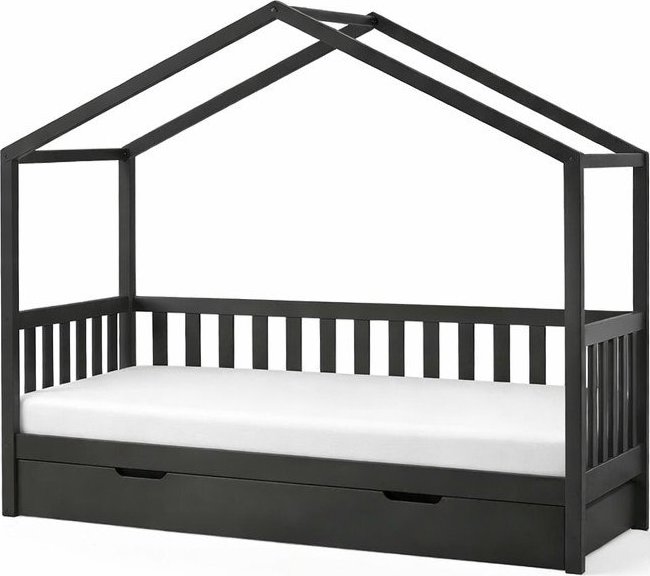 Antracitová domečková dětská postel z borovicového dřeva s výsuvným lůžkem a úložným prostorem 90x200 cm DALLAS – Vipack