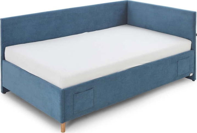 Modrá čalouněná rohová dětská postel s úložným prostorem s roštem 140x200 cm Cool – Meise Möbel