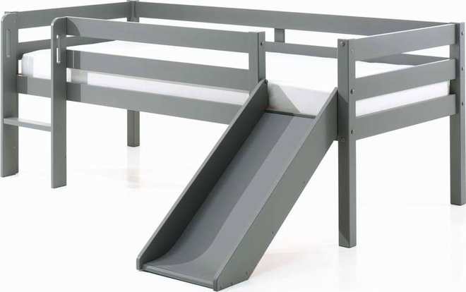 Šedá dětská vyvýšená postel se skluzavkou Vipack Pino, 90 x 200 cm