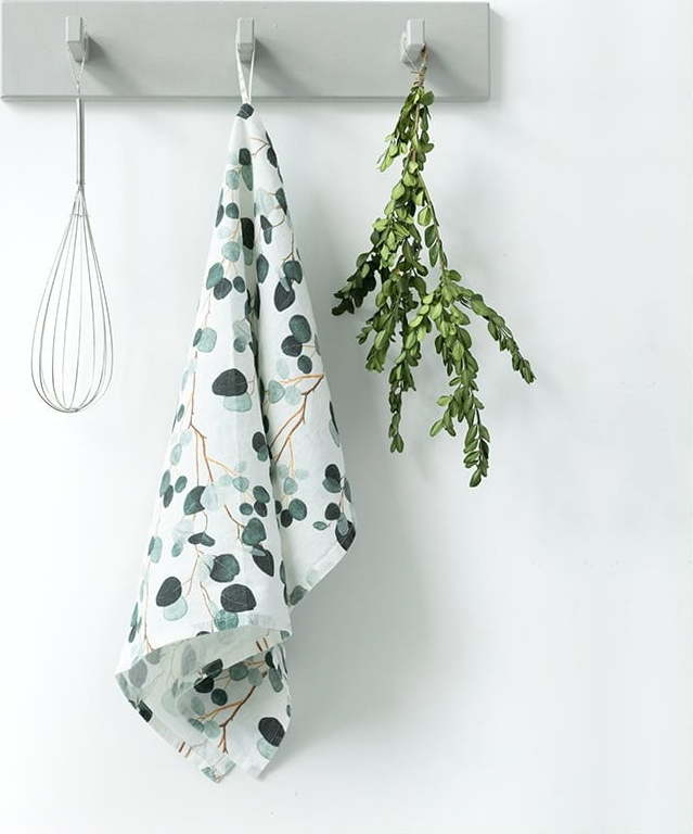 Bílo-zelená lněná utěrka Linen Tales Eucalyptus, 65 x 45 cm