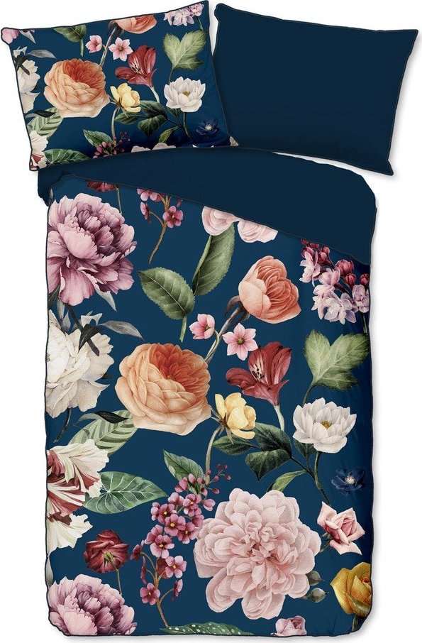Tmavě modré povlečení na jednolůžko/prodloužené z bavlněného saténu 140x220 cm Fiori – Descanso