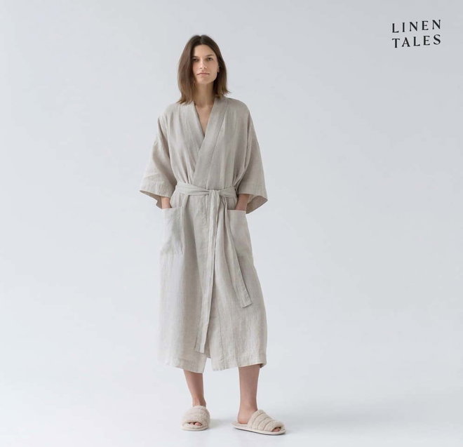 Béžový lněný župan velikost S/M Summer – Linen Tales