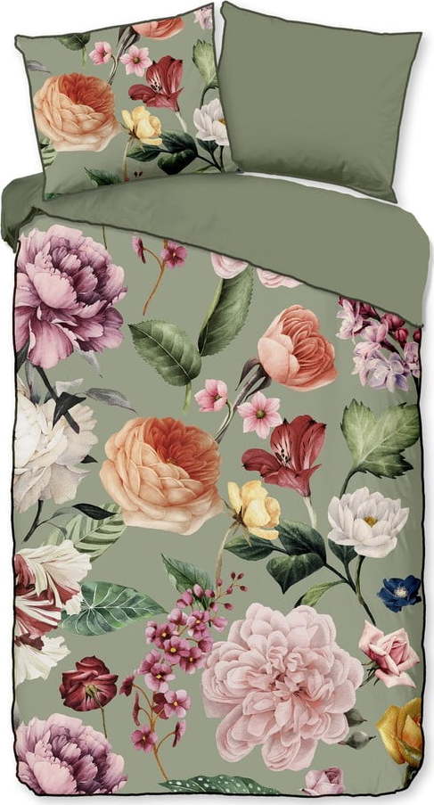 Zelené povlečení na jednolůžko/prodloužené z bavlněného saténu 140x220 cm Fiori – Descanso