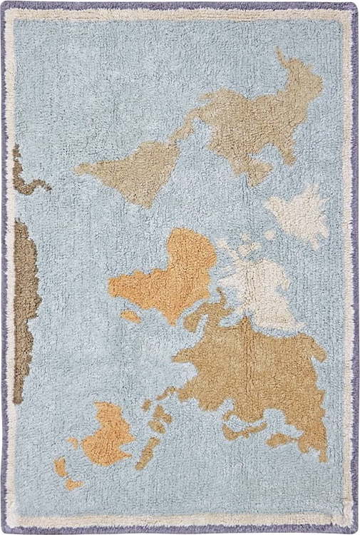 Modro-béžový pratelný ručně tkaný bavlněný dětský hrací koberec 70x100 cm Mini Worldmap – Lorena Canals