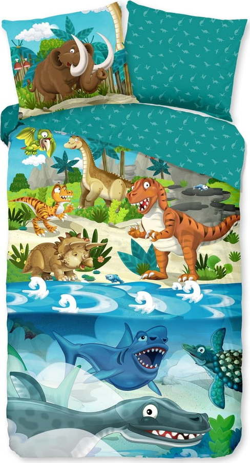 Modré bavlněné dětské povlečení na jednolůžko/prodloužené 140x220 cm Prehistoric – Good Morning