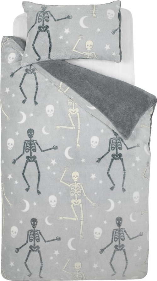 Šedé dětské povlečení se svítícím efektem na dvoulůžko z mikroplyše 200x200 cm Halloween Skeleton – Catherine Lansfield