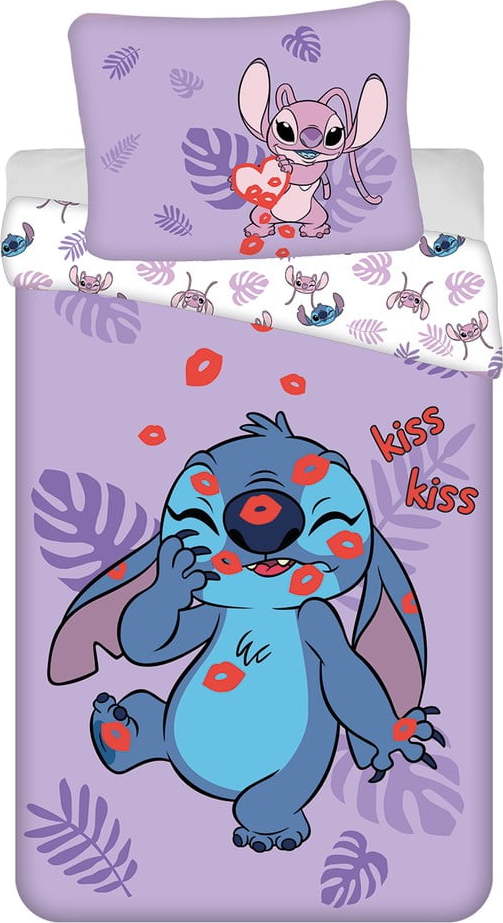 Fialové bavlněné dětské povlečení na jednolůžko 140x200 cm Lilo and Stitch "Kiss" – Jerry Fabrics