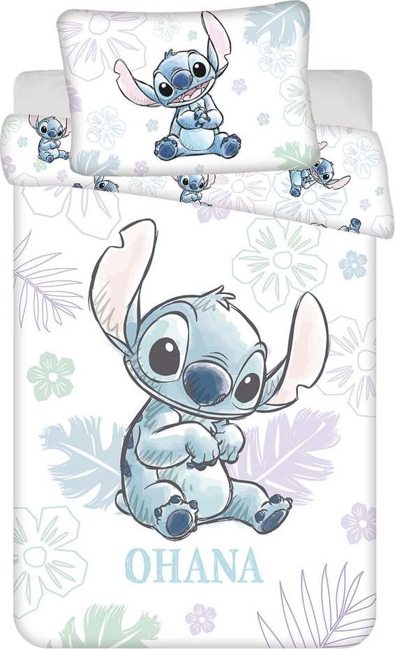 Bílé bavlněné dětské povlečení do postýlky 100x135 cm Lilo and Stitch "Ohana White" – Jerry Fabrics