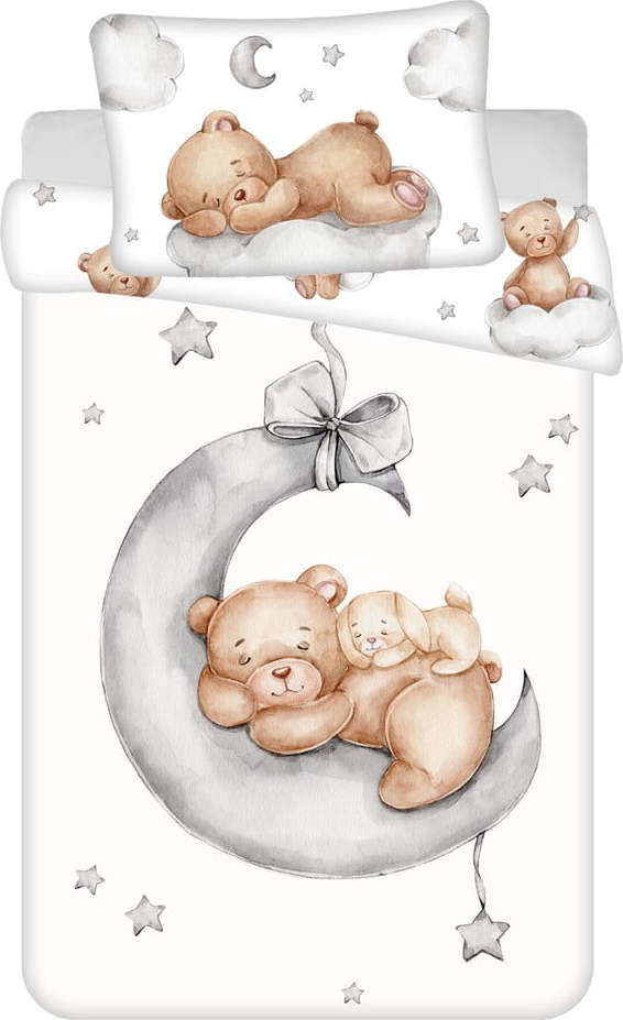 Bílé bavlněné dětské povlečení do postýlky 100x135 cm Teddy Bear "Ribbon" – Jerry Fabrics