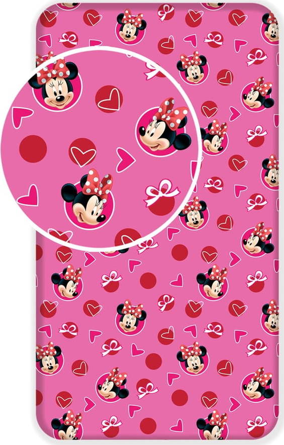 Růžové napínací bavlněné dětské prostěradlo 90x200 cm Minnie "Hearts" – Jerry Fabrics