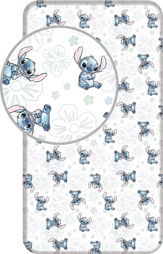 Bílé napínací bavlněné dětské prostěradlo na jednolůžko 90x200 cm Lilo and Stitch "Ohana White" – Jerry Fabrics