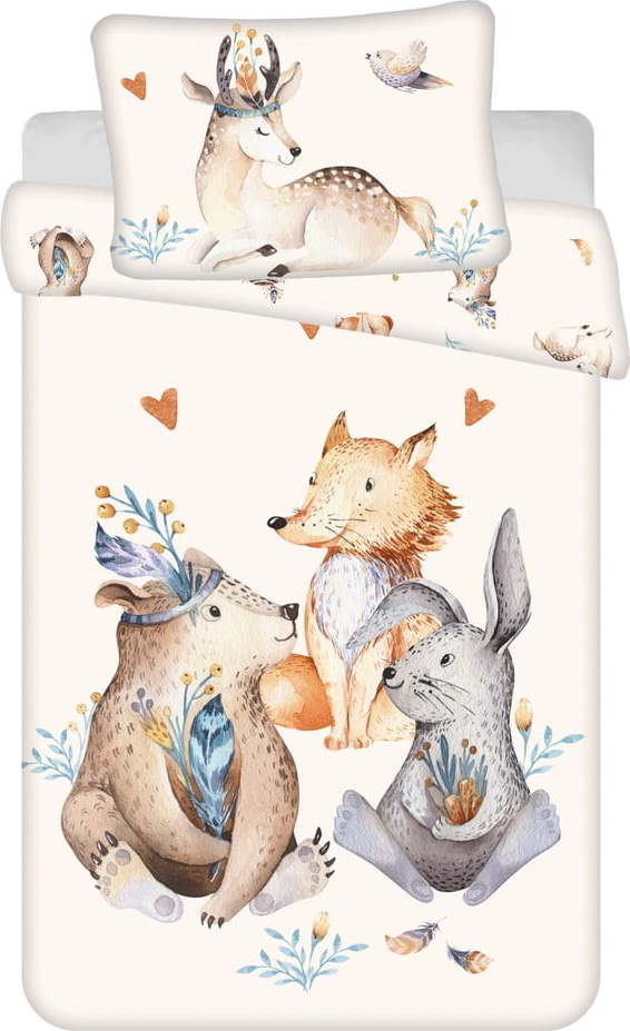 Béžové bavlněné dětské povlečení do postýlky 100x135 cm Animals "Woodland" – Jerry Fabrics