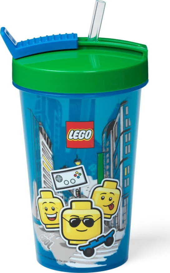 Modrý kelímek se zeleným víčkem a brčkem LEGO® Iconic, 500 ml