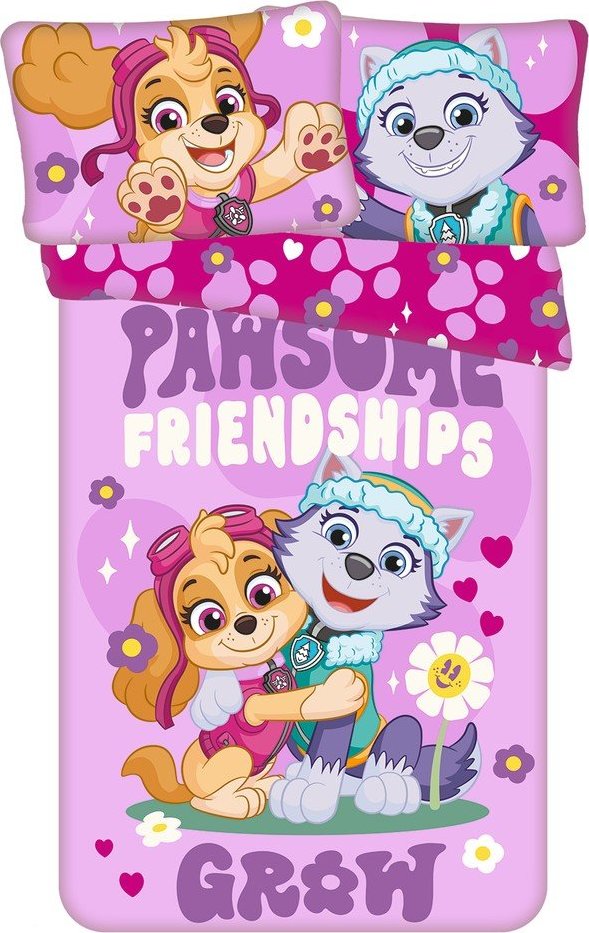 Růžové bavlněné dětské povlečení do postýlky 100x135 cm Paw Patrol "Pawsome friendships grow" – Jerry Fabrics