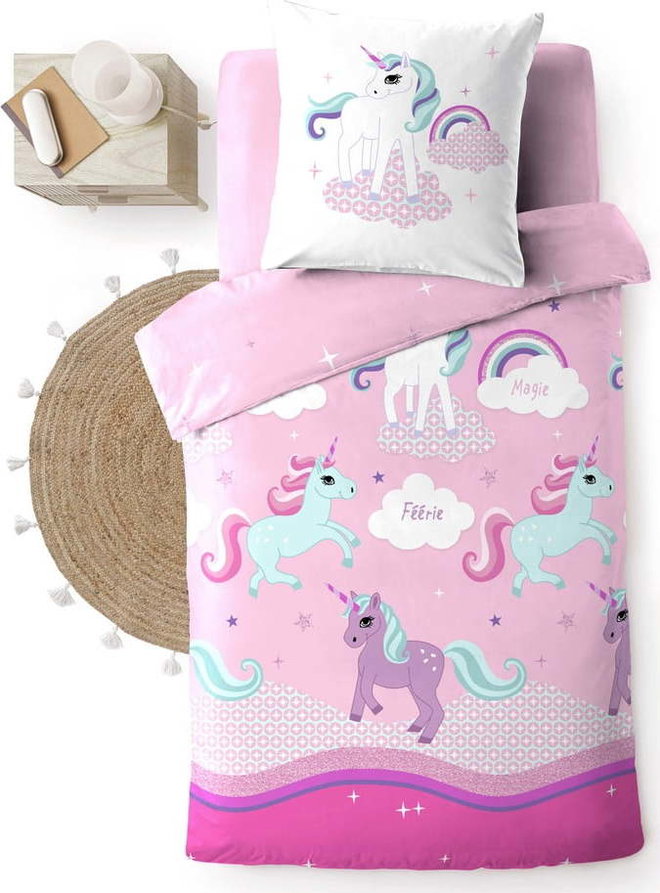 Růžové bavlněné dětské povlečení na jednolůžko 140x200 cm Licorne – douceur d'intérieur