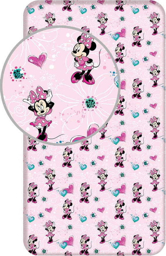 Růžové napínací bavlněné dětské prostěradlo 90x200 cm Minnie "Flowers" – Jerry Fabrics