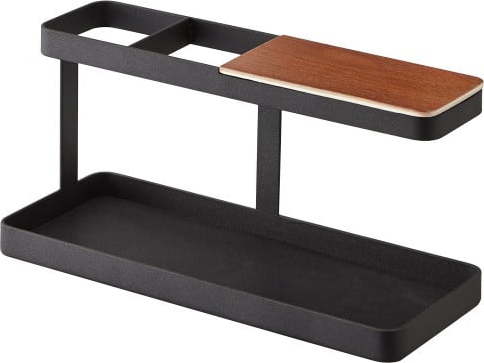 Černý multifunkční stojánek s detailem z bukového dřeva YAMAZAKI Tower Desk Bar