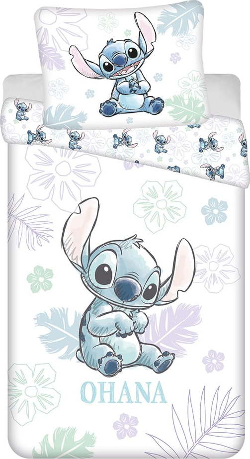 Bílé bavlněné dětské povlečení na jednolůžko 140x200 cm Lilo and Stitch "Ohana White" – Jerry Fabrics
