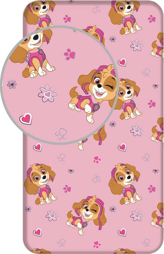 Růžové napínací bavlněné dětské prostěradlo na jednolůžko 90x200 cm Paw Patrol – Jerry Fabrics